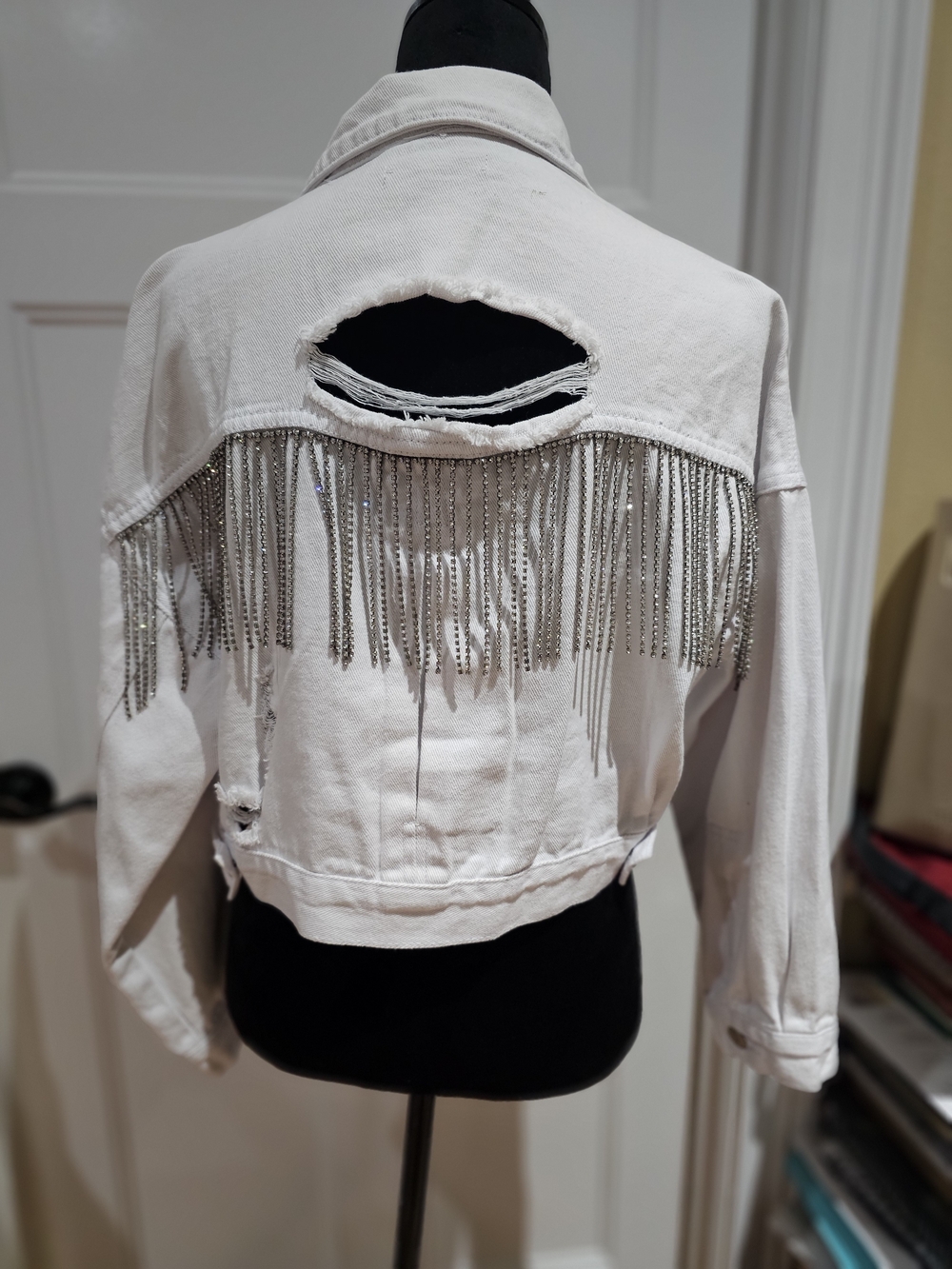 White Jean Cropped Jacket with Rhinestone Fringe, NWT